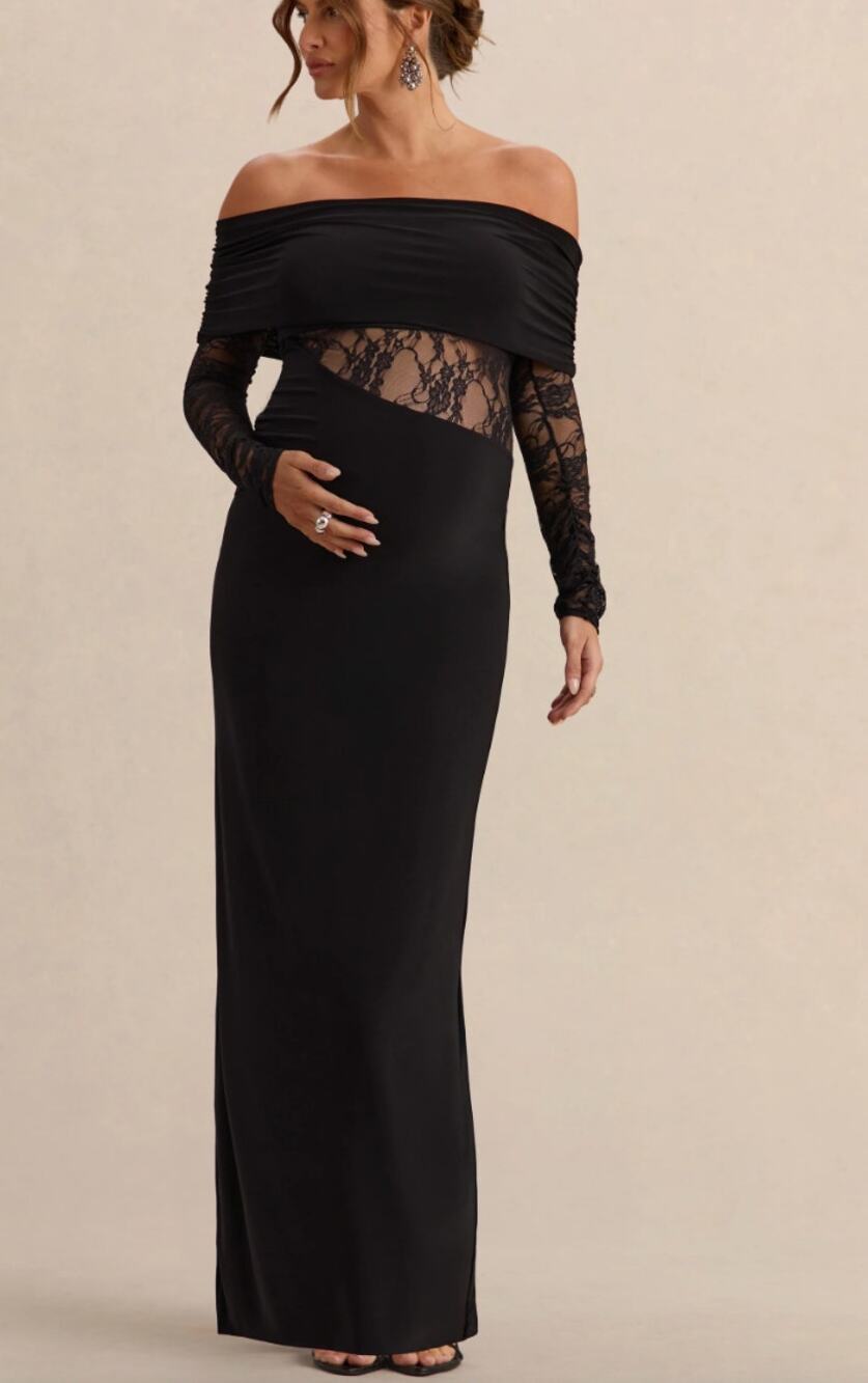 New Club L London Maxi Dress Artemisia Black Bardot Neck Lace Sleeves Size 10